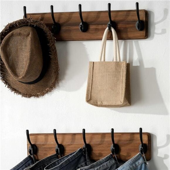 Wall Mounted Coat Rack Solid Wood Pine 5 Hooks - Picture 5 of 7